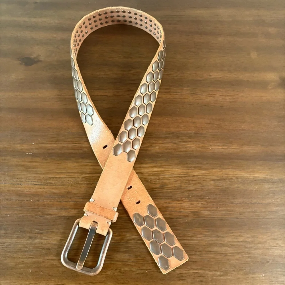Leather Unisex Tan Metal Studded Waist Belt Sz.S